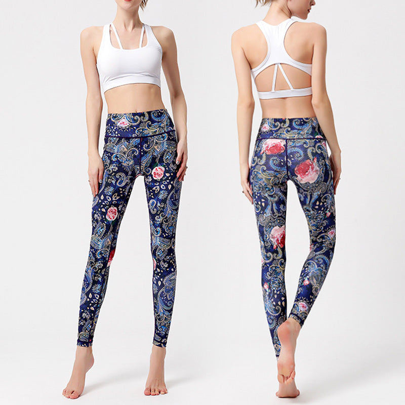 Legging de yoga pour femme Foviel à imprimé fleurs, feuilles et oiseaux, pantalon de sport, de fitness et de danse