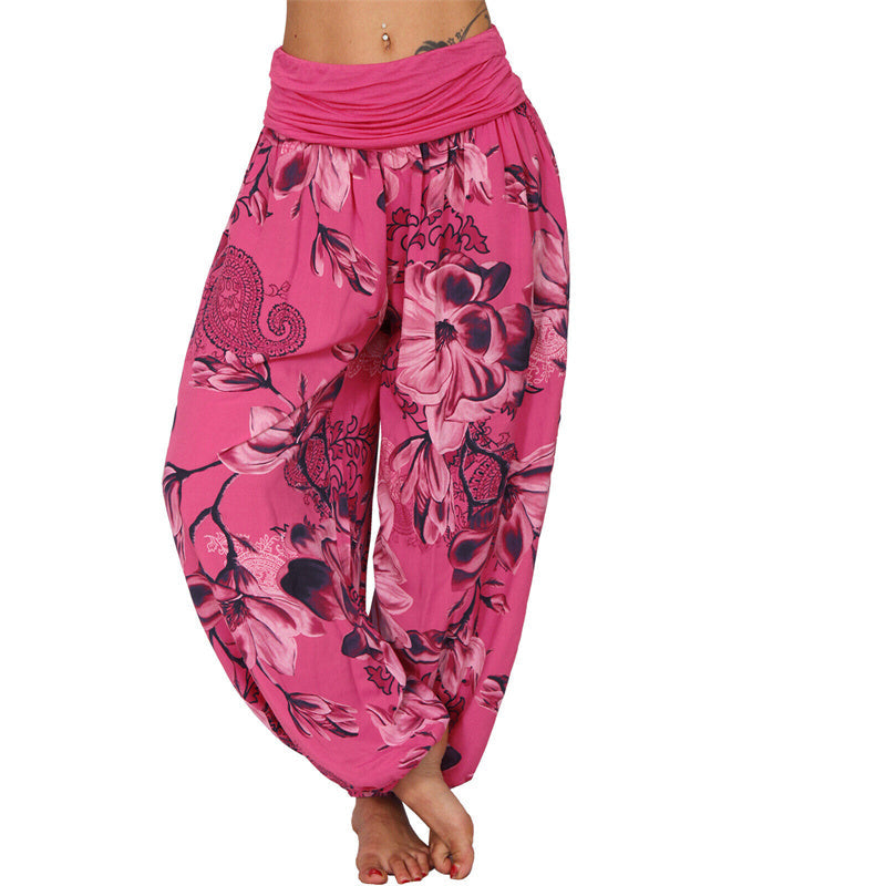 Foviel Flower Leaves Pattern Loose Harem Trousers Women's Yoga Pants