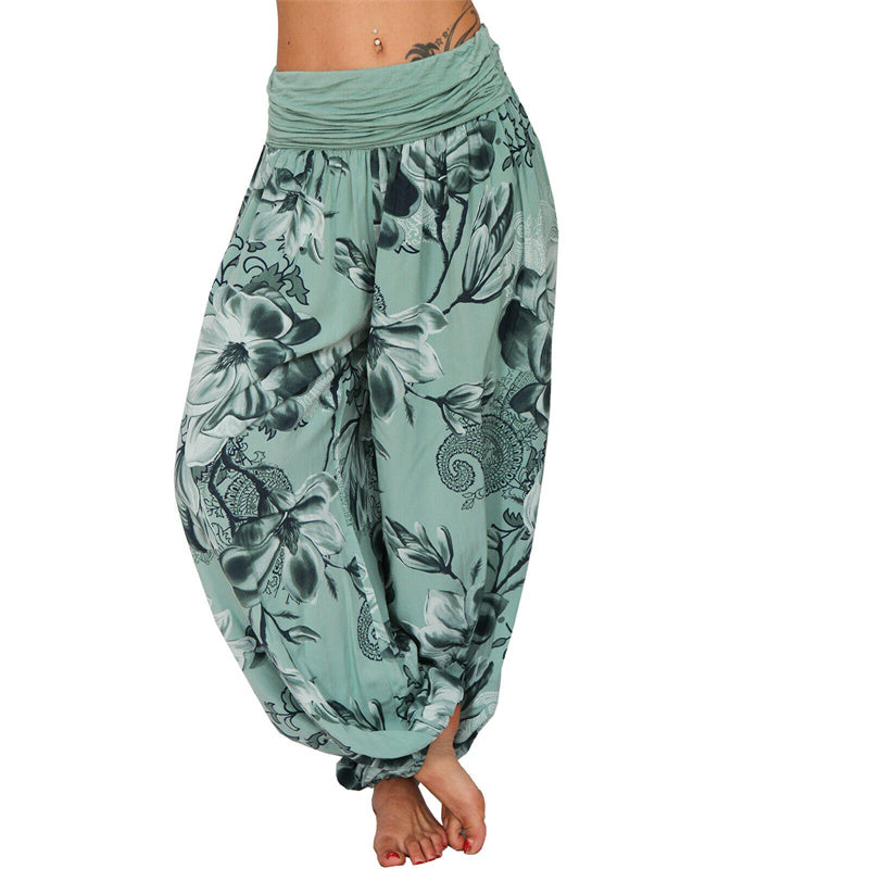 Foviel Flower Leaves Pattern Loose Harem Trousers Women's Yoga Pants