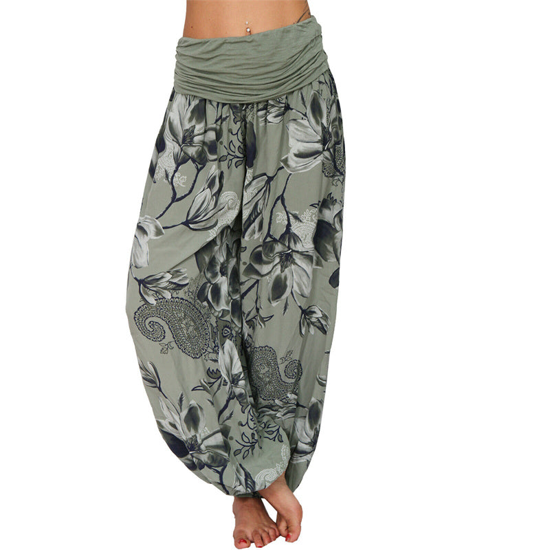 Foviel Flower Leaves Pattern Loose Harem Trousers Women's Yoga Pants