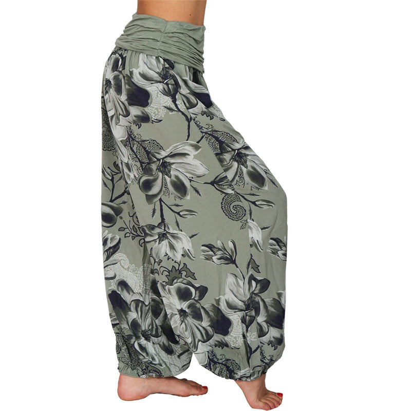 Foviel Flower Leaves Pattern Loose Harem Trousers Women's Yoga Pants