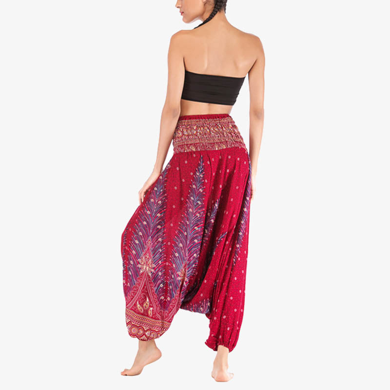 Foviel Two Style Wear Feathers Geometric Pattern Loose Smocked Trousers Jumpsuit Women's Yoga Pants