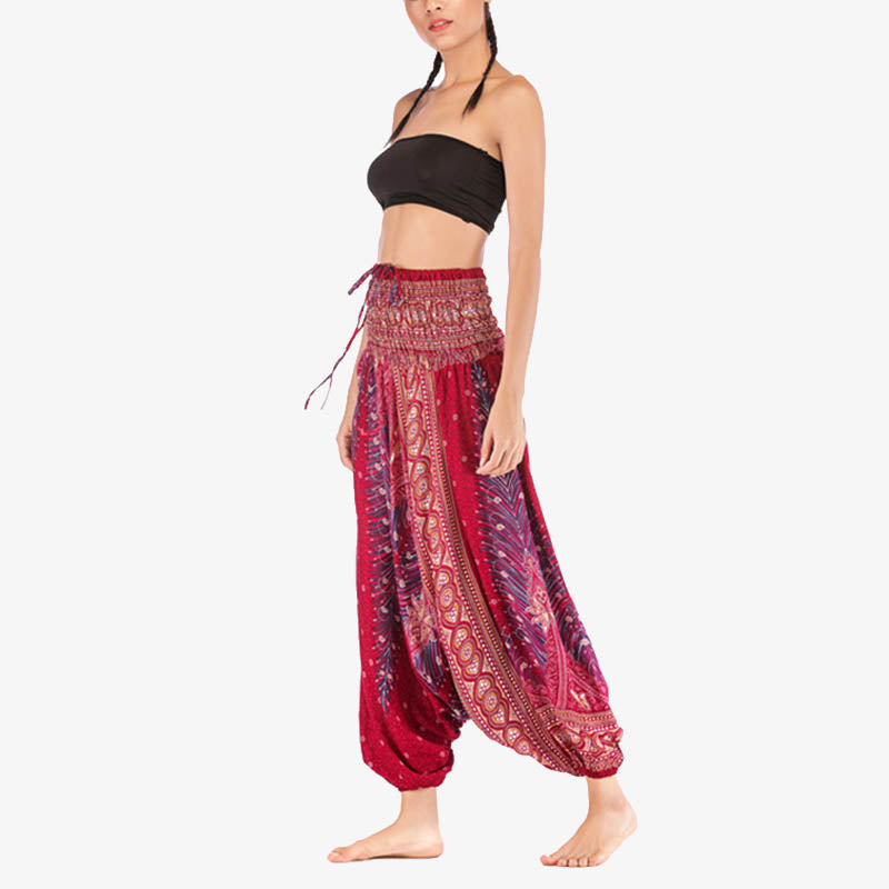 Foviel Two Style Wear Feathers Geometric Pattern Loose Smocked Trousers Jumpsuit Women's Yoga Pants