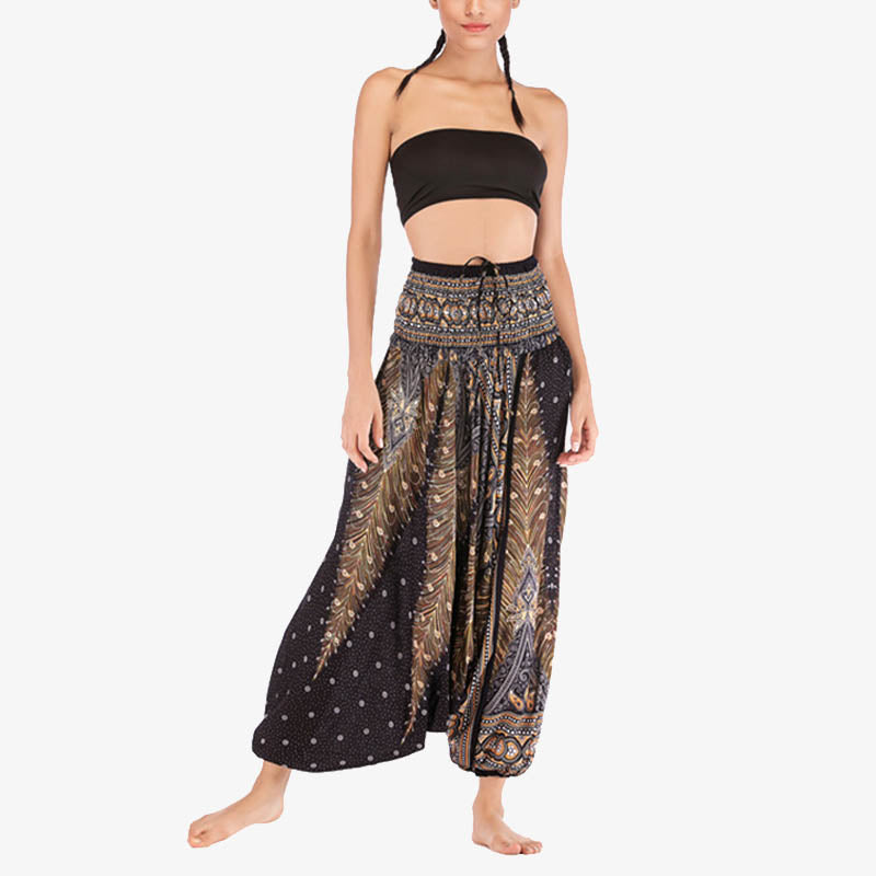 Foviel Two Style Wear Feathers Geometric Pattern Loose Smocked Trousers Jumpsuit Women's Yoga Pants