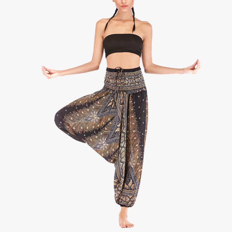 Foviel Two Style Wear Feathers Geometric Pattern Loose Smocked Trousers Jumpsuit Women's Yoga Pants