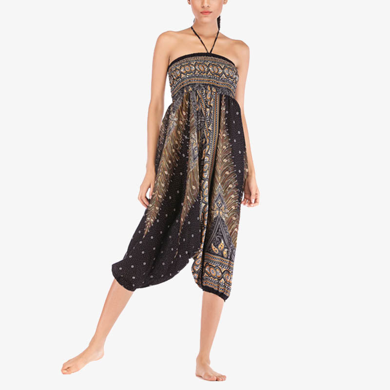 Foviel Two Style Wear Feathers Geometric Pattern Loose Smocked Trousers Jumpsuit Women's Yoga Pants