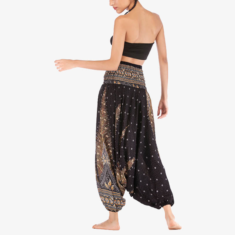 Foviel Two Style Wear Feathers Geometric Pattern Loose Smocked Trousers Jumpsuit Women's Yoga Pants
