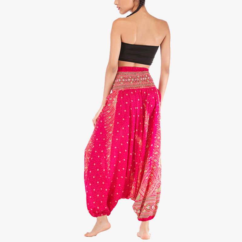 Foviel Two Style Wear Feathers Geometric Pattern Loose Smocked Trousers Jumpsuit Women's Yoga Pants