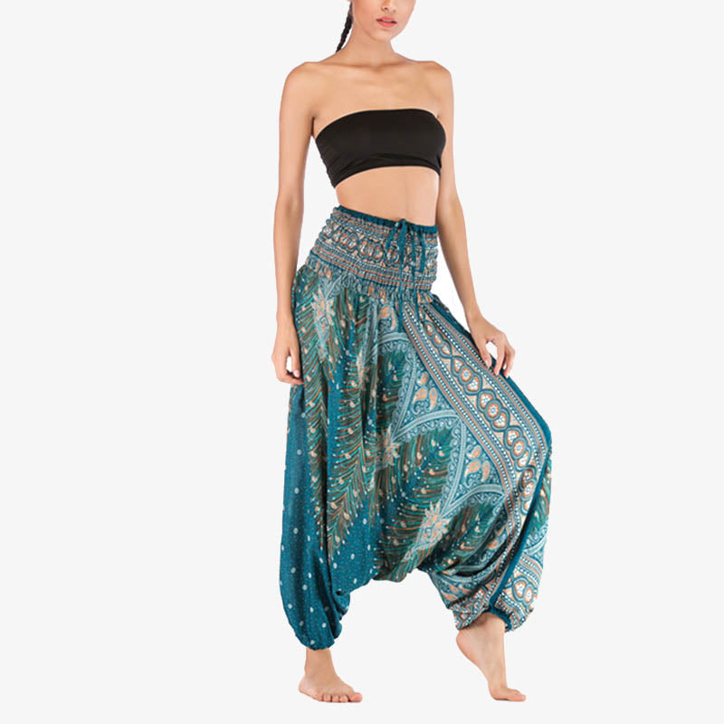 Foviel Two Style Wear Feathers Geometric Pattern Loose Smocked Trousers Jumpsuit Women's Yoga Pants