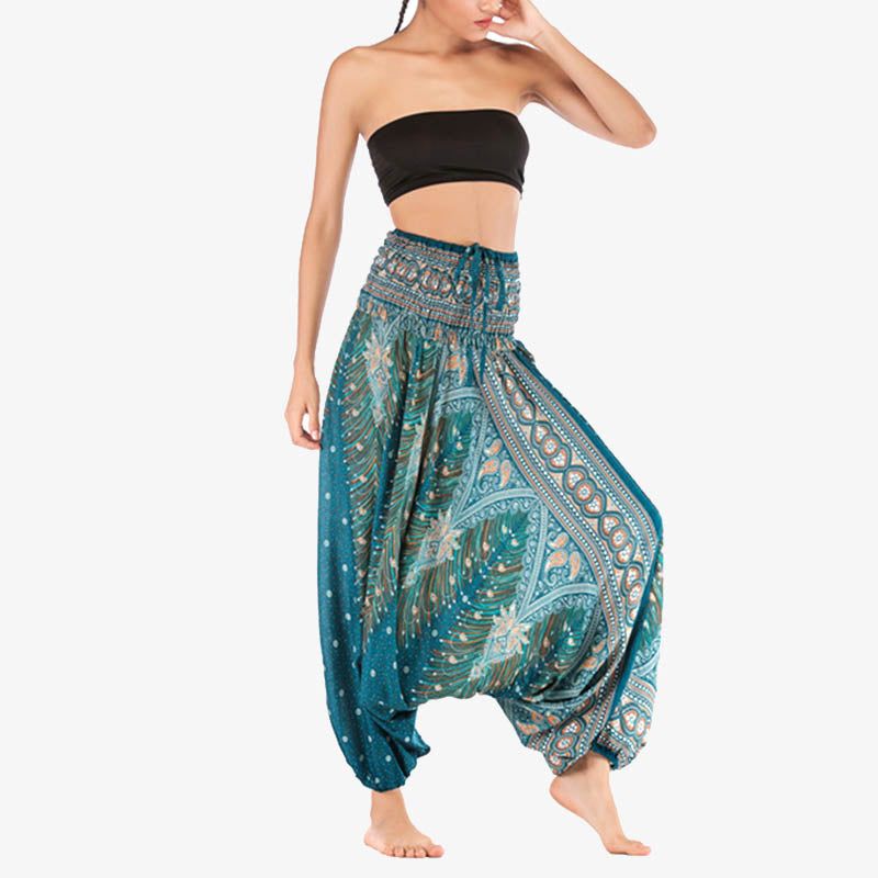 Foviel Two Style Wear Feathers Geometric Pattern Loose Smocked Trousers Jumpsuit Women's Yoga Pants
