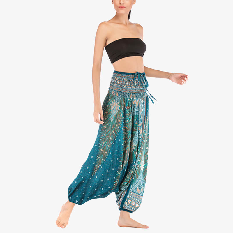Foviel Two Style Wear Feathers Geometric Pattern Loose Smocked Trousers Jumpsuit Women's Yoga Pants