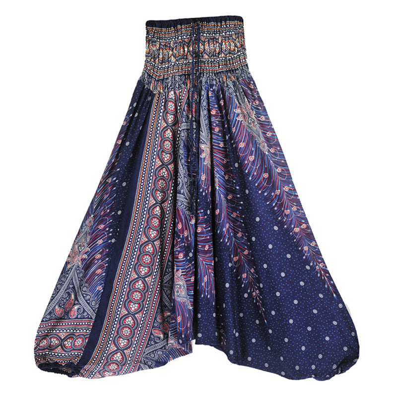 Foviel Two Style Wear Feathers Geometric Pattern Loose Smocked Trousers Jumpsuit Women's Yoga Pants