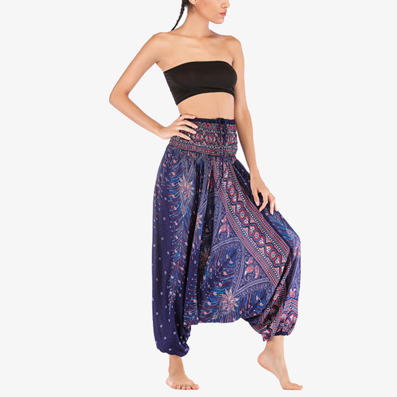 Foviel Two Style Wear Feathers Geometric Pattern Loose Smocked Trousers Jumpsuit Women's Yoga Pants