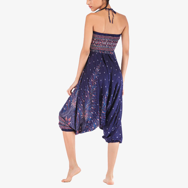 Foviel Two Style Wear Feathers Geometric Pattern Loose Smocked Trousers Jumpsuit Women's Yoga Pants