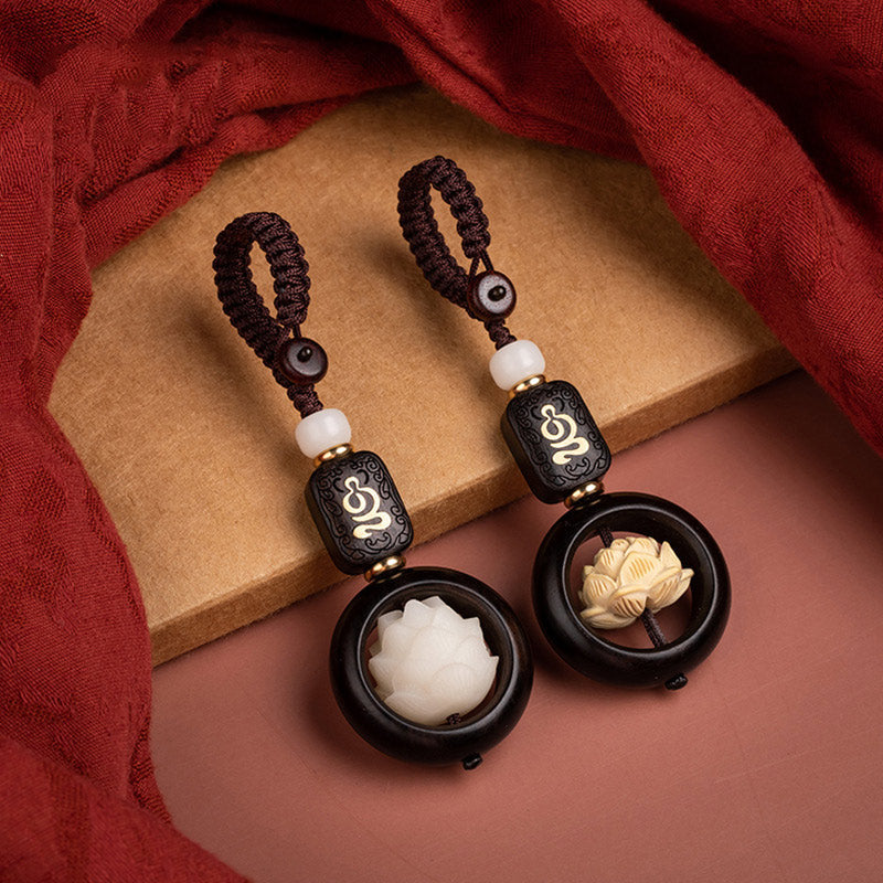 Porte-clés de décoration Foviel en bois d'ébène et graines de Bodhi motif lotus de l'éveil