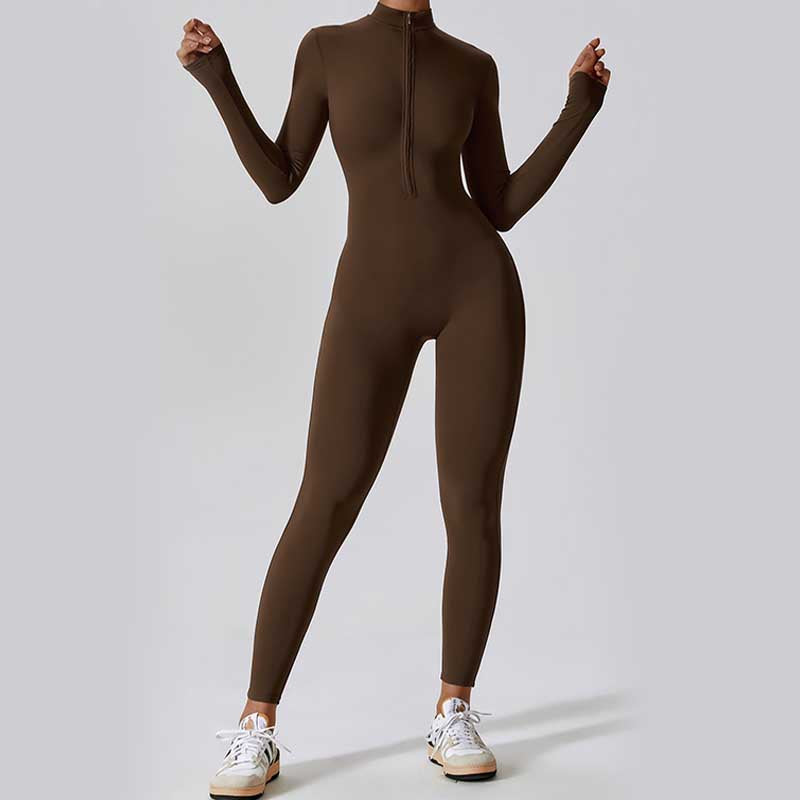 Combinaison moulante de sport Foviel pour femme, à manches longues et fermeture éclair, idéale pour le yoga et le fitness