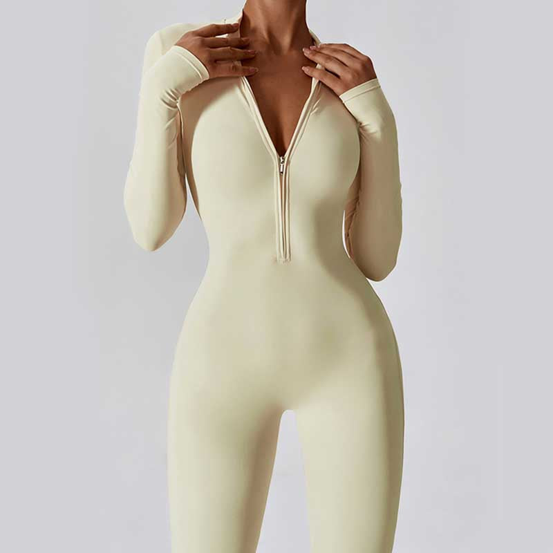 Combinaison moulante de sport Foviel pour femme, à manches longues et fermeture éclair, idéale pour le yoga et le fitness