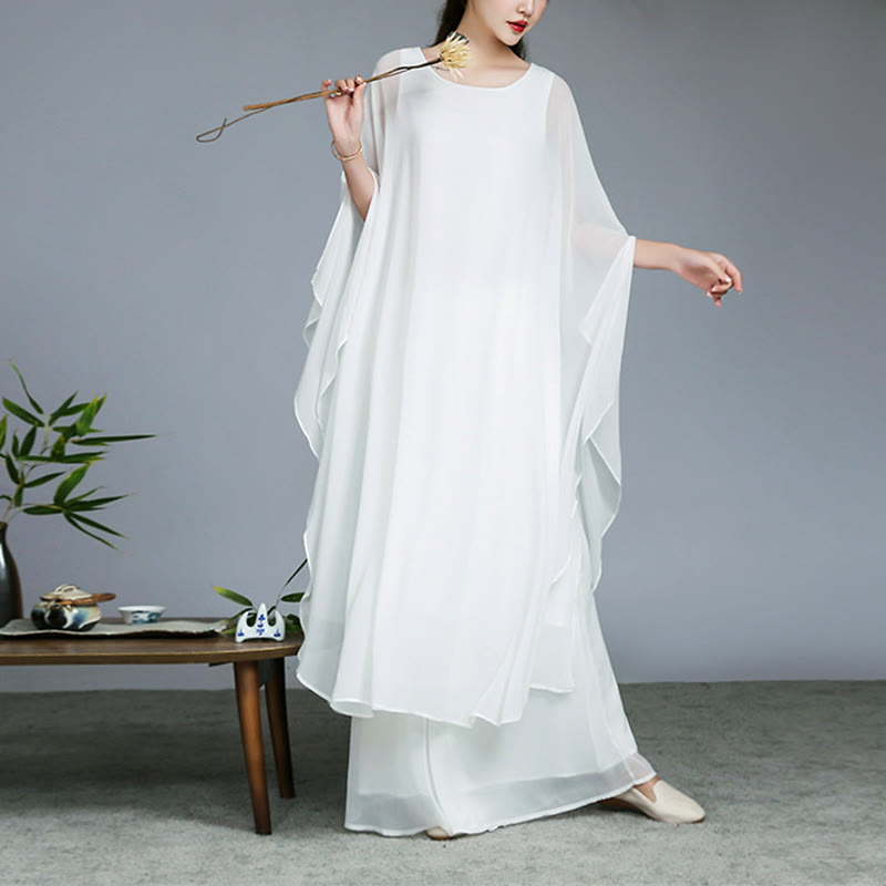Buddha Stones Simple Pattern Midi Dress Wide Leg Pants Meditation Spiritual Zen Practice Yoga Dance Clothing - White - 2Pcs(Dress&Pants) - US8-10,UK/AU12-14,EU40-42 (2XL) - image 0