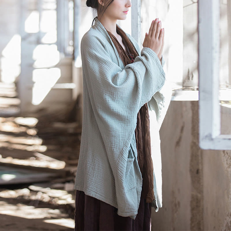 Foviel Einfarbiges Design Lange Ärmel Mantel Zen Meditation Open Front Top Baumwolle Jacke