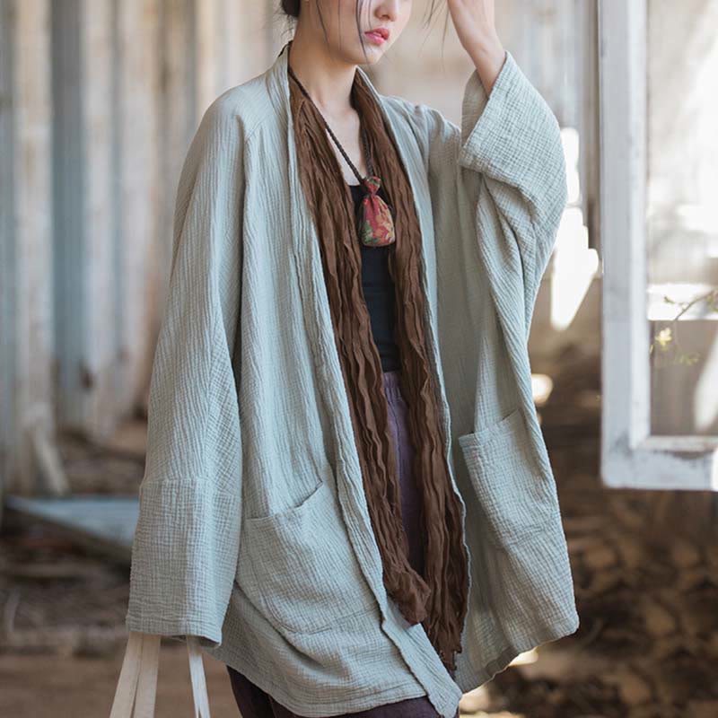 Foviel Einfarbiges Design Lange Ärmel Mantel Zen Meditation Open Front Top Baumwolle Jacke