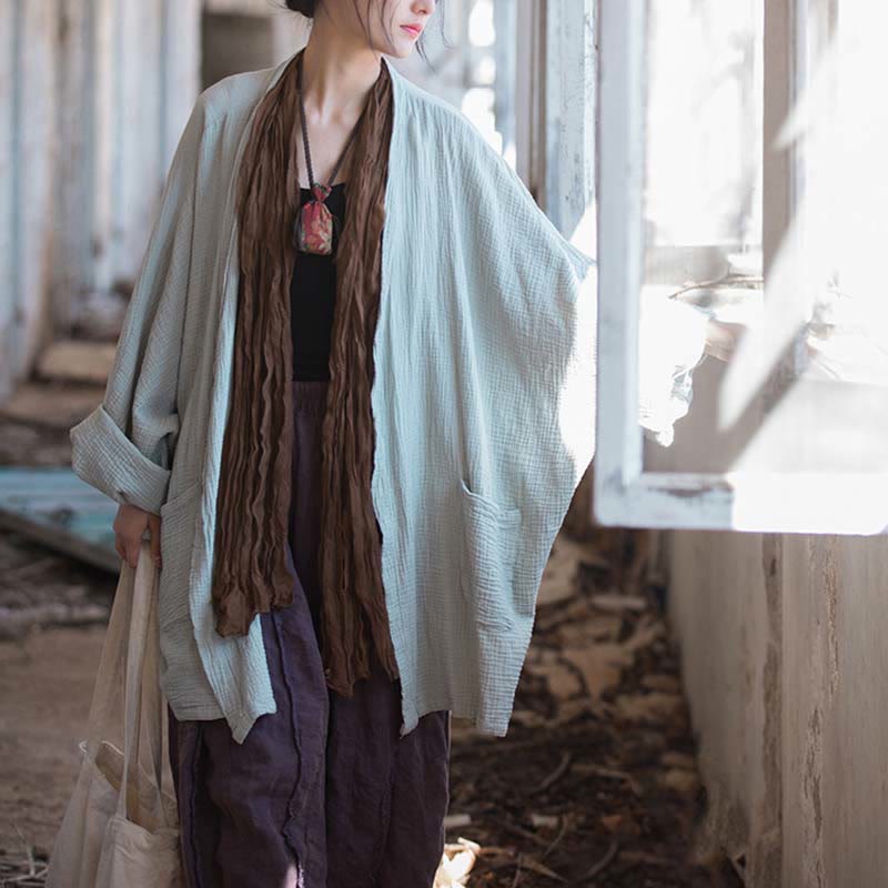 Foviel Einfarbiges Design Lange Ärmel Mantel Zen Meditation Open Front Top Baumwolle Jacke