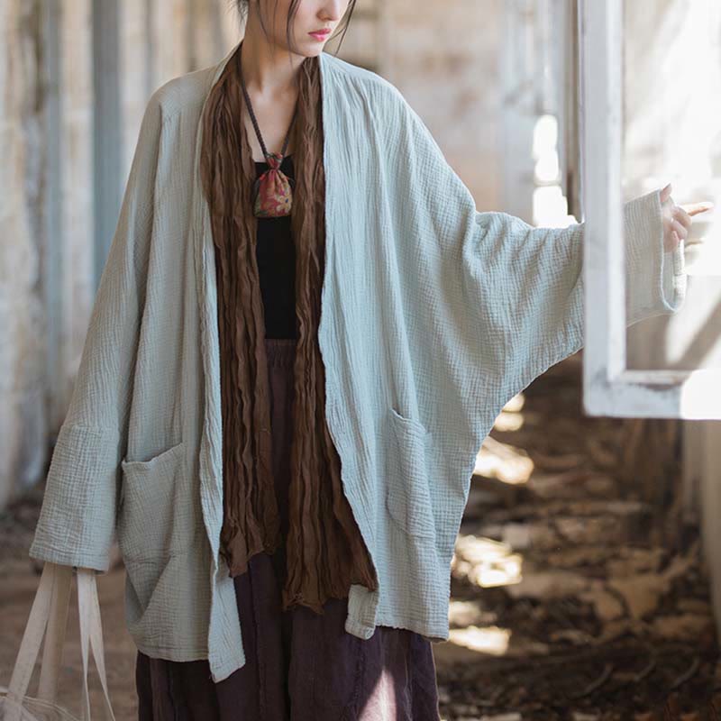 Foviel Einfarbiges Design Lange Ärmel Mantel Zen Meditation Open Front Top Baumwolle Jacke