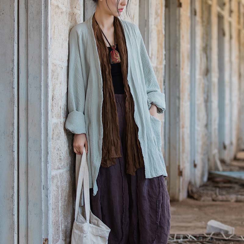 Foviel Einfarbiges Design Lange Ärmel Mantel Zen Meditation Open Front Top Baumwolle Jacke