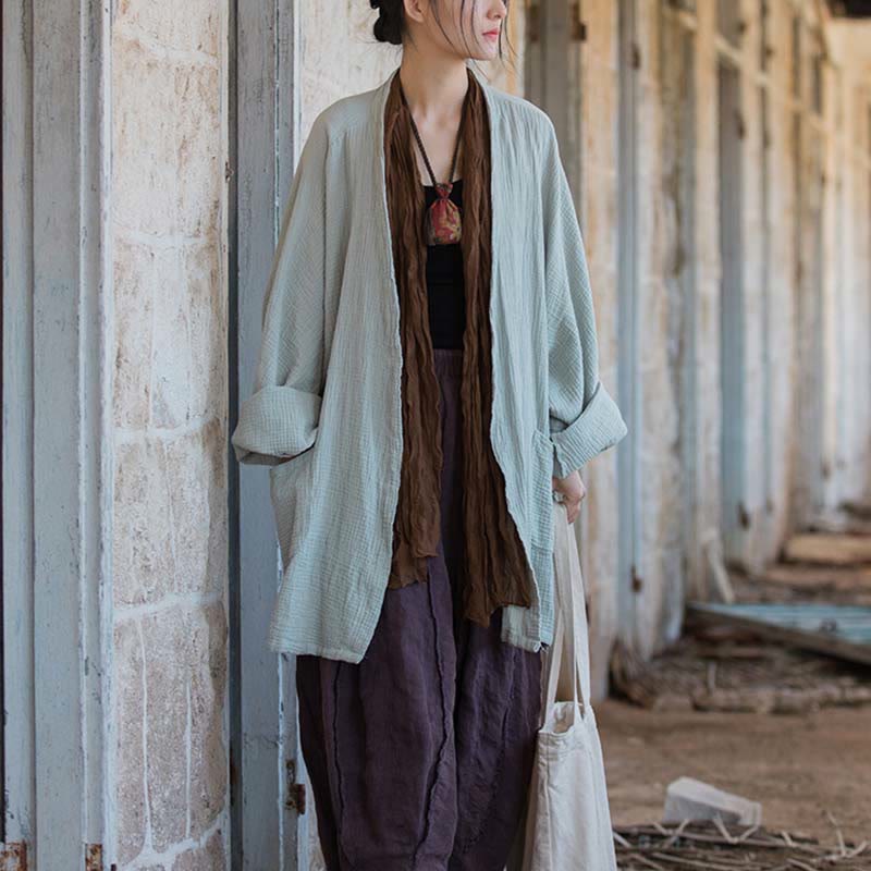Foviel Einfarbiges Design Lange Ärmel Mantel Zen Meditation Open Front Top Baumwolle Jacke