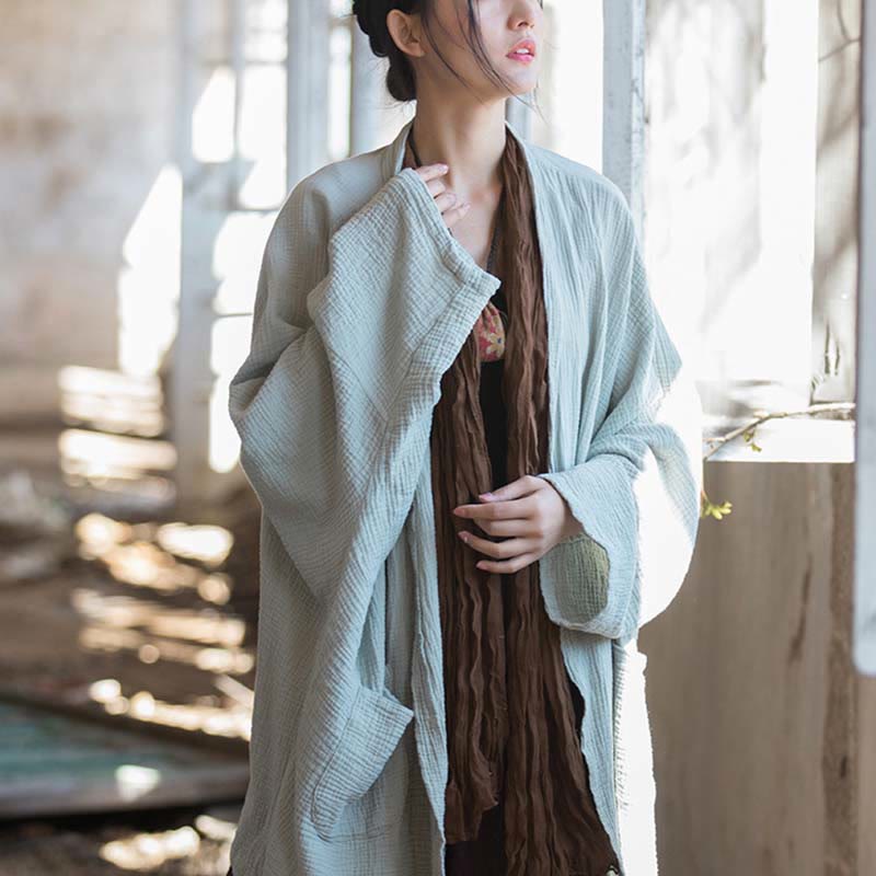 Foviel Einfarbiges Design Lange Ärmel Mantel Zen Meditation Open Front Top Baumwolle Jacke