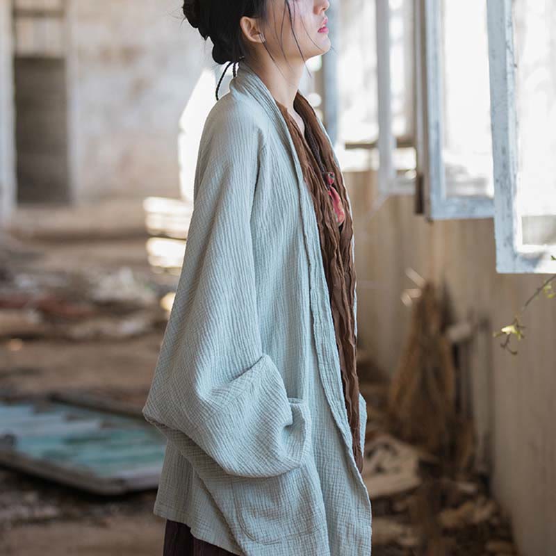 Foviel Einfarbiges Design Lange Ärmel Mantel Zen Meditation Open Front Top Baumwolle Jacke