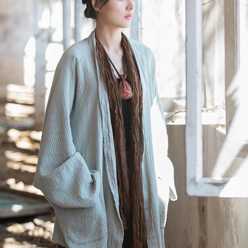 Foviel Einfarbiges Design Lange Ärmel Mantel Zen Meditation Open Front Top Baumwolle Jacke
