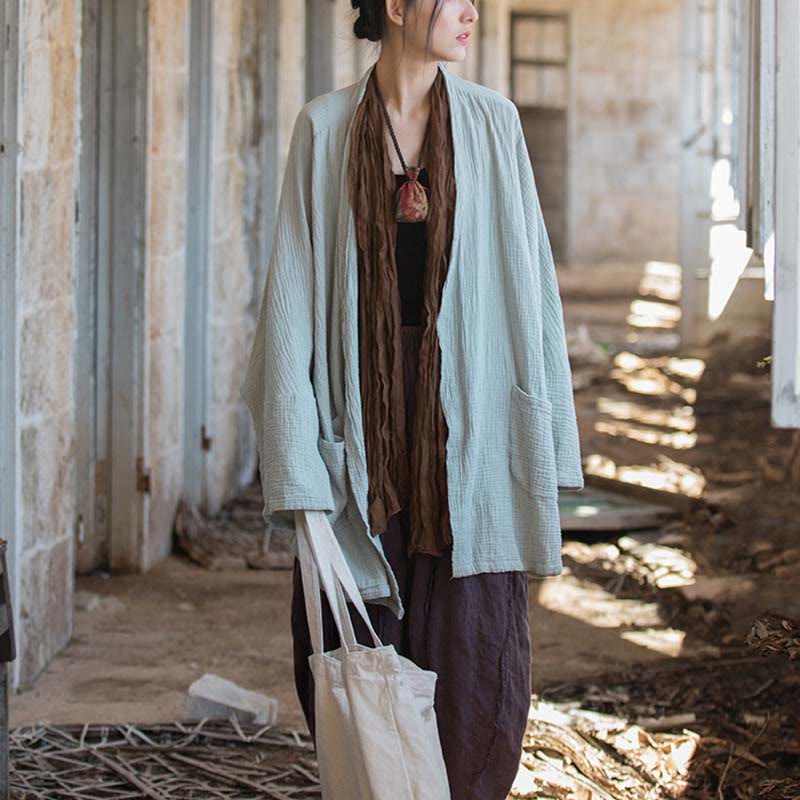 Foviel Einfarbiges Design Lange Ärmel Mantel Zen Meditation Open Front Top Baumwolle Jacke