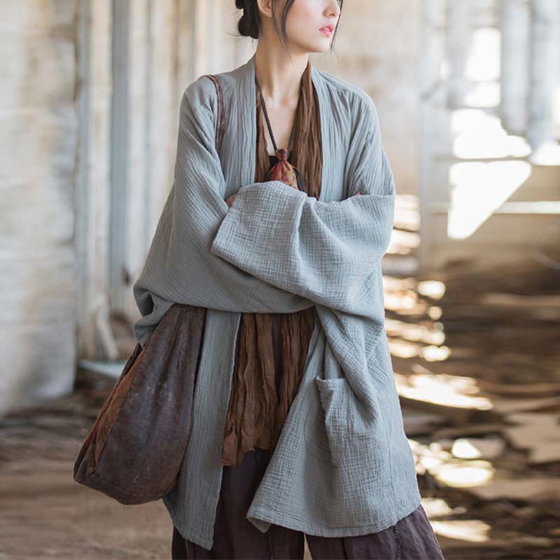 Foviel Einfarbiges Design Lange Ärmel Mantel Zen Meditation Open Front Top Baumwolle Jacke