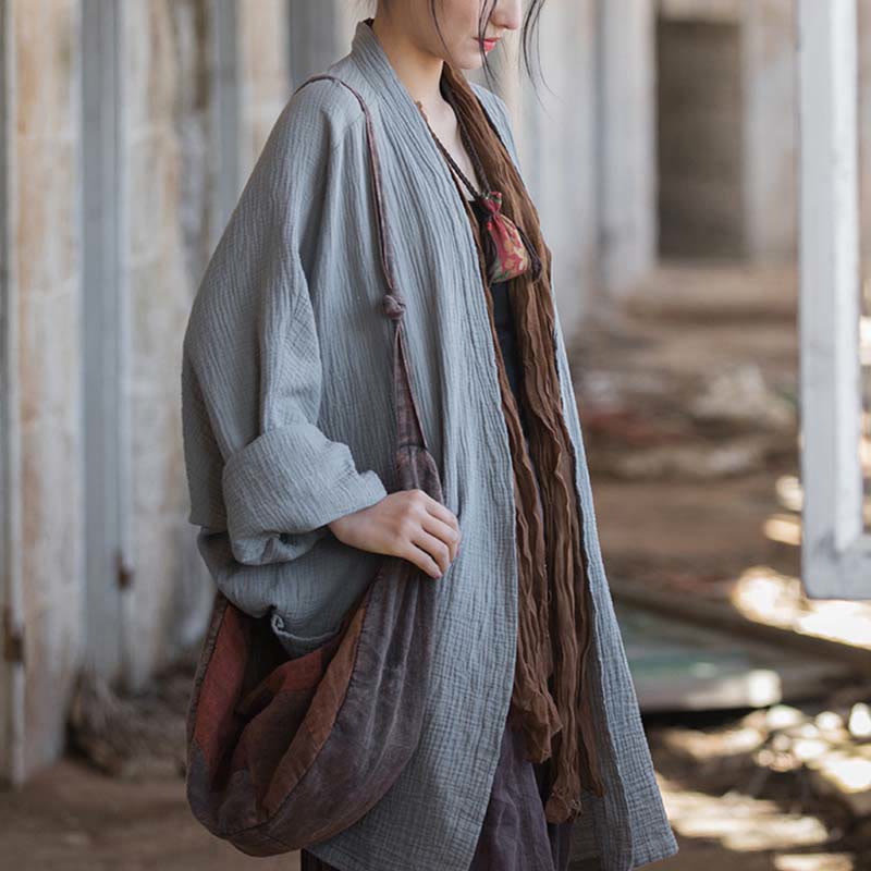 Foviel Einfarbiges Design Lange Ärmel Mantel Zen Meditation Open Front Top Baumwolle Jacke