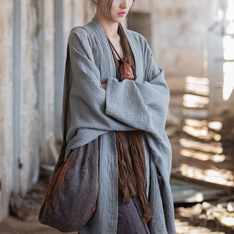 Foviel Einfarbiges Design Lange Ärmel Mantel Zen Meditation Open Front Top Baumwolle Jacke