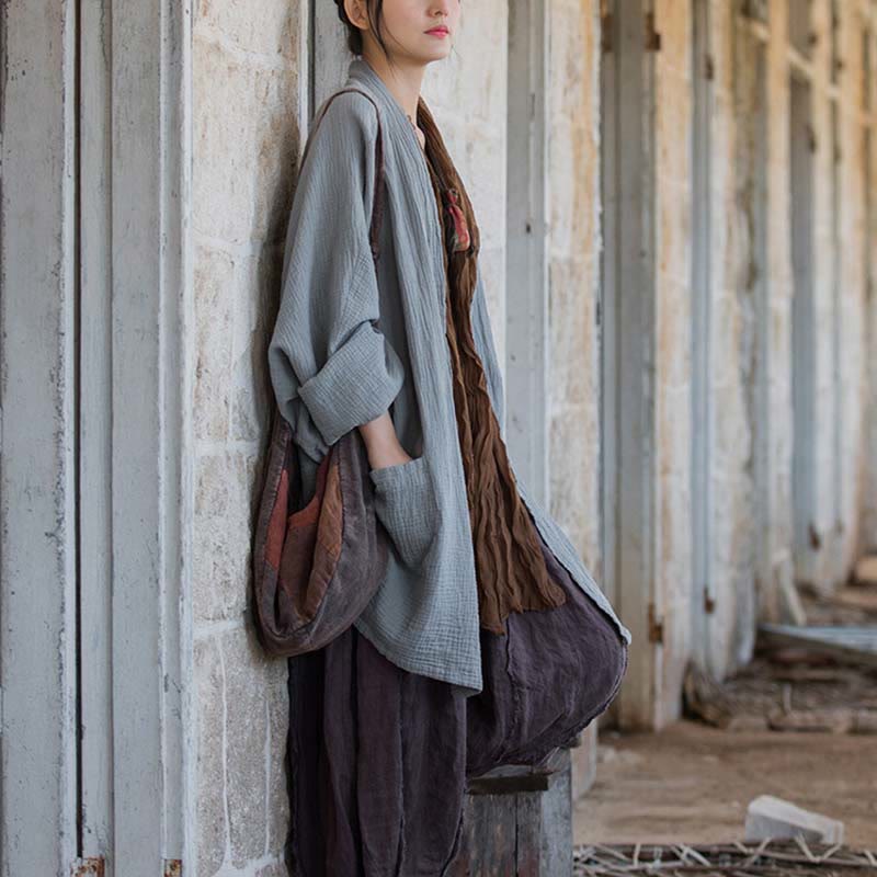 Foviel Einfarbiges Design Lange Ärmel Mantel Zen Meditation Open Front Top Baumwolle Jacke