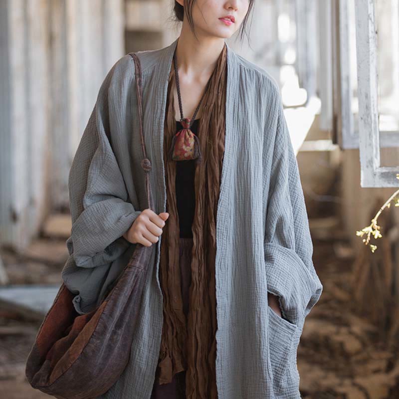 Foviel Einfarbiges Design Lange Ärmel Mantel Zen Meditation Open Front Top Baumwolle Jacke