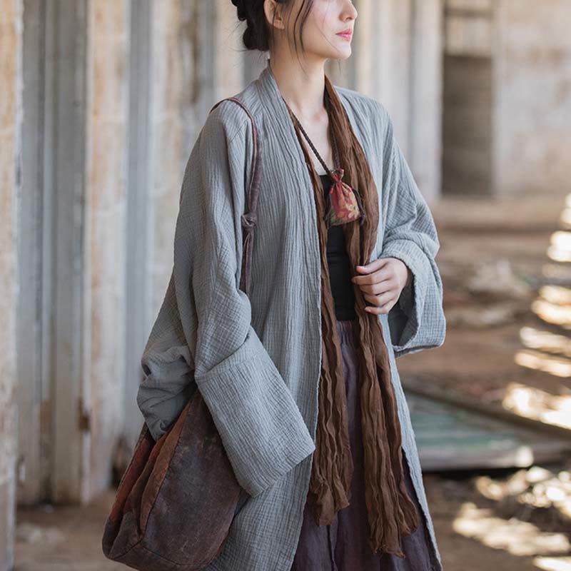 Foviel Einfarbiges Design Lange Ärmel Mantel Zen Meditation Open Front Top Baumwolle Jacke