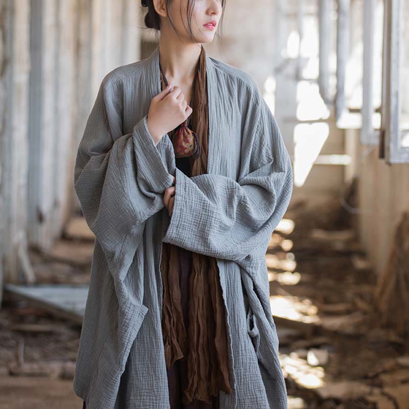Foviel Einfarbiges Design Lange Ärmel Mantel Zen Meditation Open Front Top Baumwolle Jacke