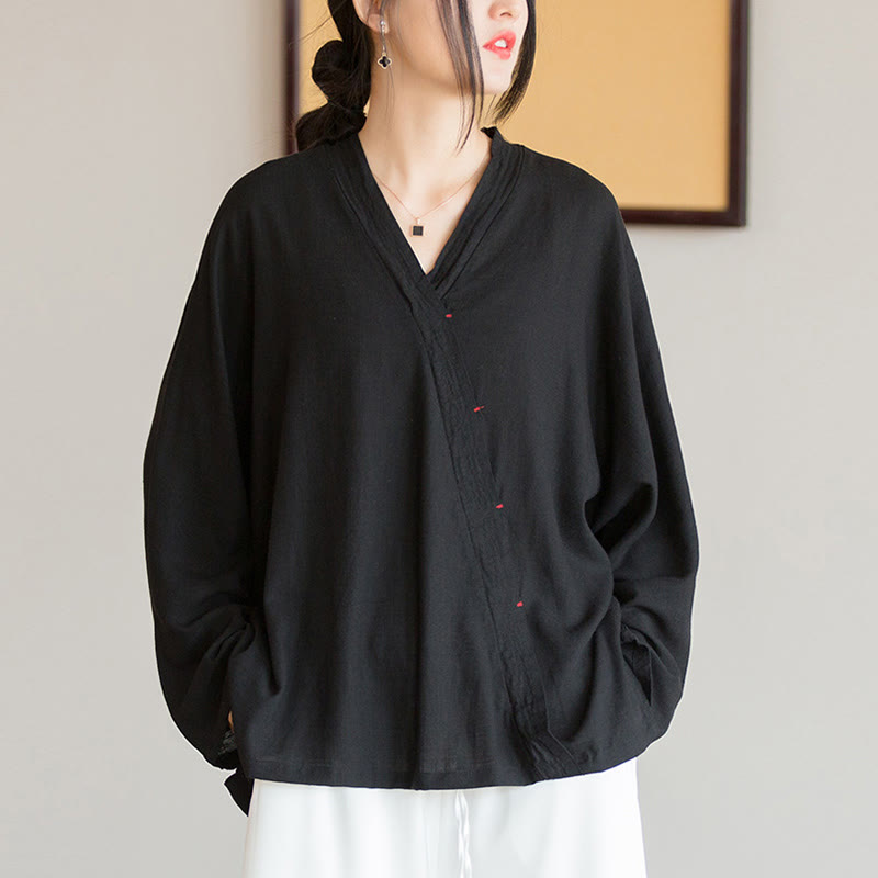 Buddha Stones V-Neck Blouse Women Shirt Long Sleeve Top Chinese Hanfu Style Clothing - Black(Bust 128cm)(Top Only) - image 13