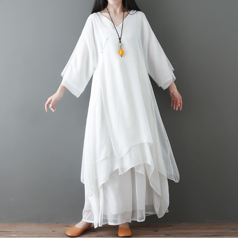 Buddha Stones V-Neck Midi Tunic Dress Wide Leg Pants Meditation Zen Practice Dance Clothing - 2Pcs White(Dress&Pants) - US12,UK/AU16,EU44 (2XL) - image 0
