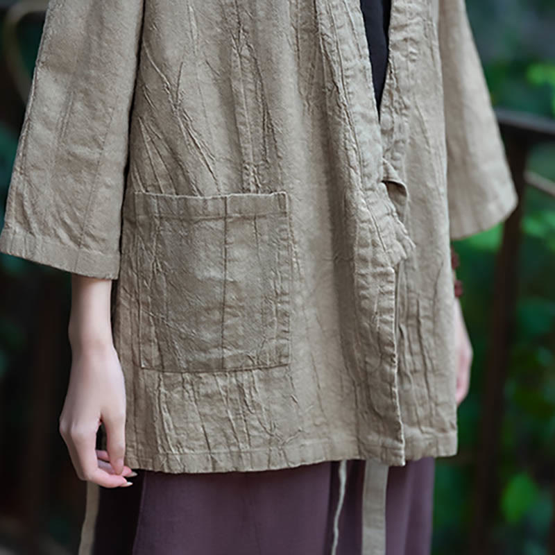 Buddha Stones Hanfu Design Three Quarter Sleeve Ramie Linen Coat Open Front Top Jacket - image 12