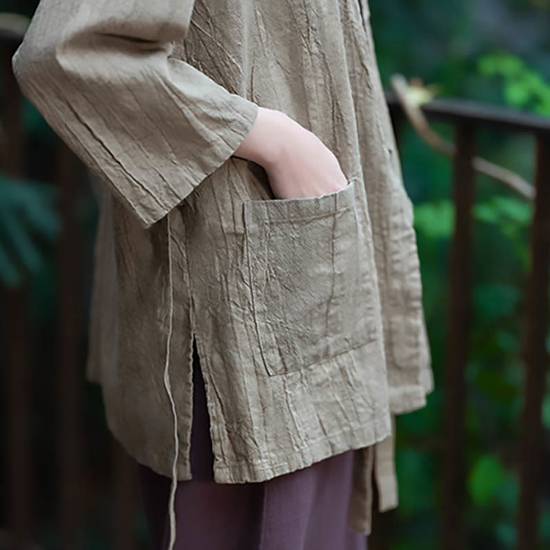 Buddha Stones Hanfu Design Three Quarter Sleeve Ramie Linen Coat Open Front Top Jacket - image 11