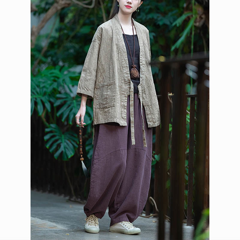 Buddha Stones Hanfu Design Three Quarter Sleeve Ramie Linen Coat Open Front Top Jacket - image 9