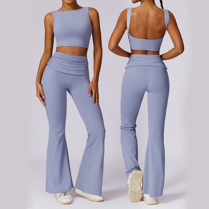 Foviel Sleeveless Backless Strap Tank Top Bra Flared Pants Sports Fitness Yoga
