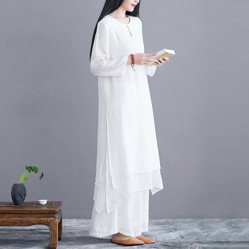 Foviel Ensemble 2 pièces robe midi couleur unie et pantalon large, tenue pour la méditation, la pratique spirituelle, le yoga et la danse