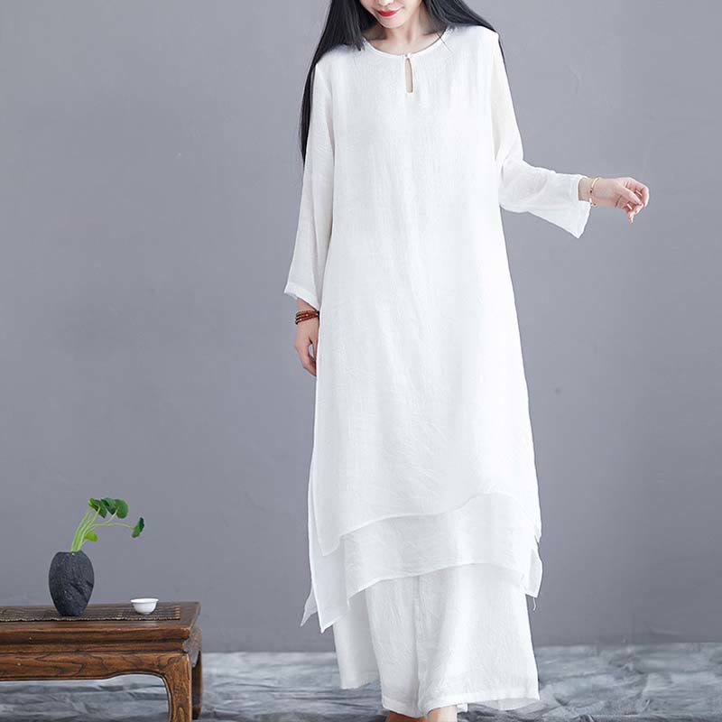 Foviel Ensemble 2 pièces robe midi couleur unie et pantalon large, tenue pour la méditation, la pratique spirituelle, le yoga et la danse
