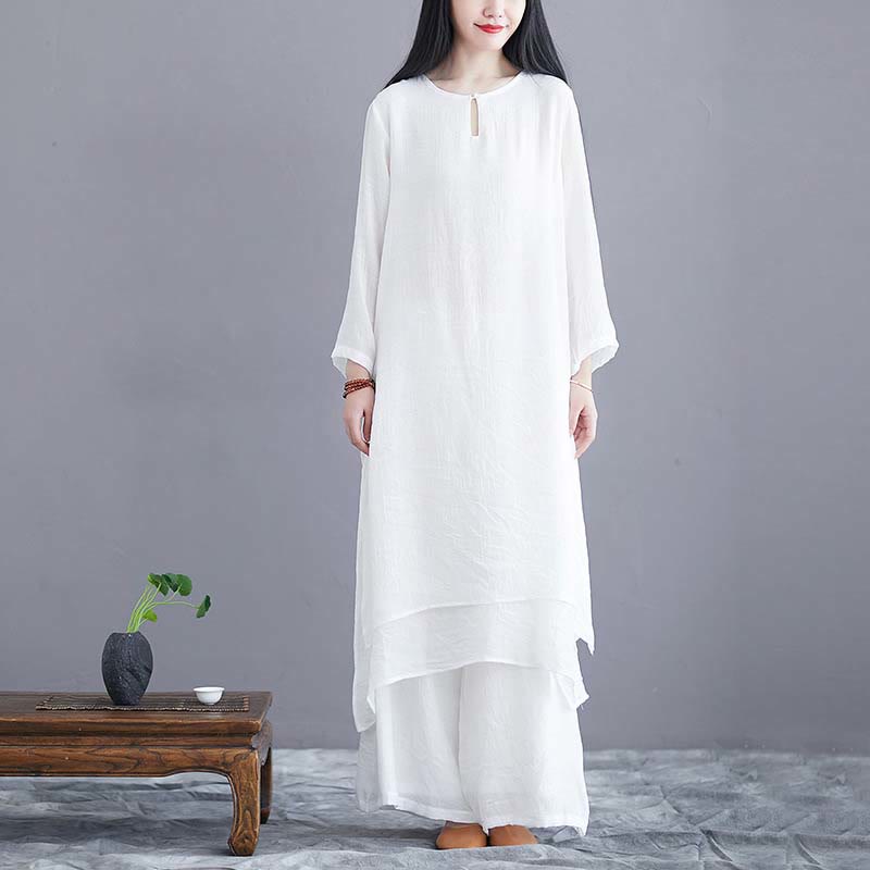 Foviel Ensemble 2 pièces robe midi couleur unie et pantalon large, tenue pour la méditation, la pratique spirituelle, le yoga et la danse