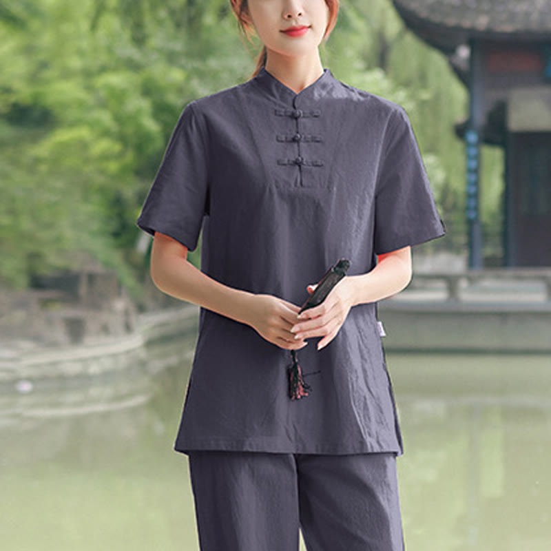 Foviel 2-teilig Damen Kurzarm Hemd Top T-Shirt Hosen Meditation Zen Tai Chi Baumwolle Leinen Bekleidung Set