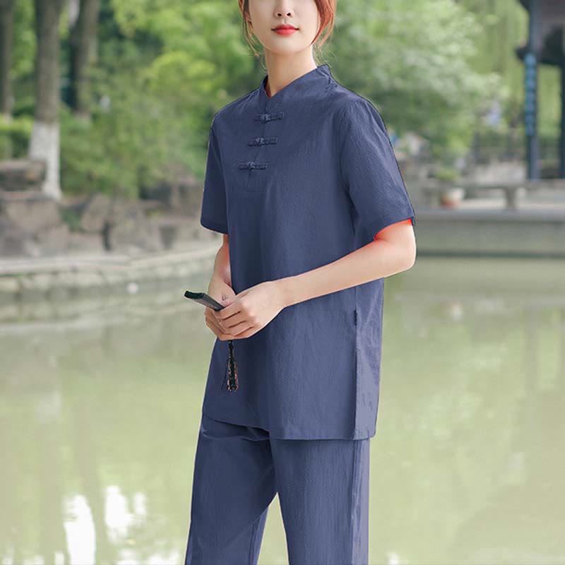 Foviel 2-teilig Damen Kurzarm Hemd Top T-Shirt Hosen Meditation Zen Tai Chi Baumwolle Leinen Bekleidung Set